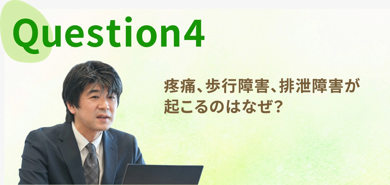 Question four, 疼痛、歩行障害、排泄障害が起こるのはなぜ?